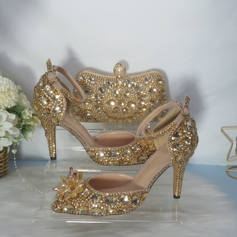 Women Bags For Wedding - 2021 Nieuwe Gouden Kristallen Bruidsschoenen Met
