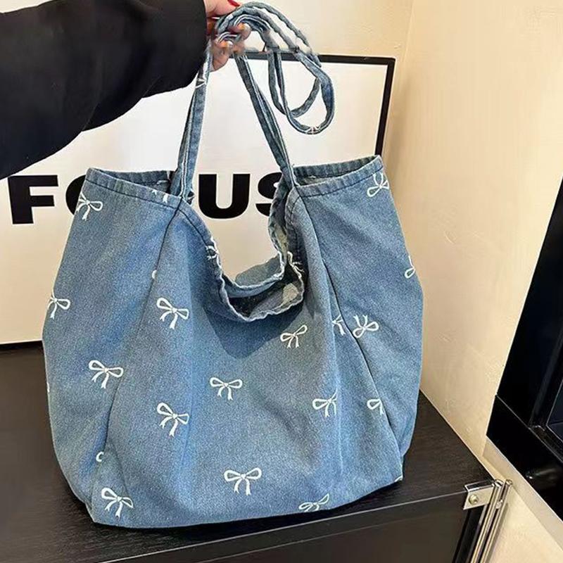 Women Bags Jeans - Dames denim canvas draagtas met strikdecoratie,