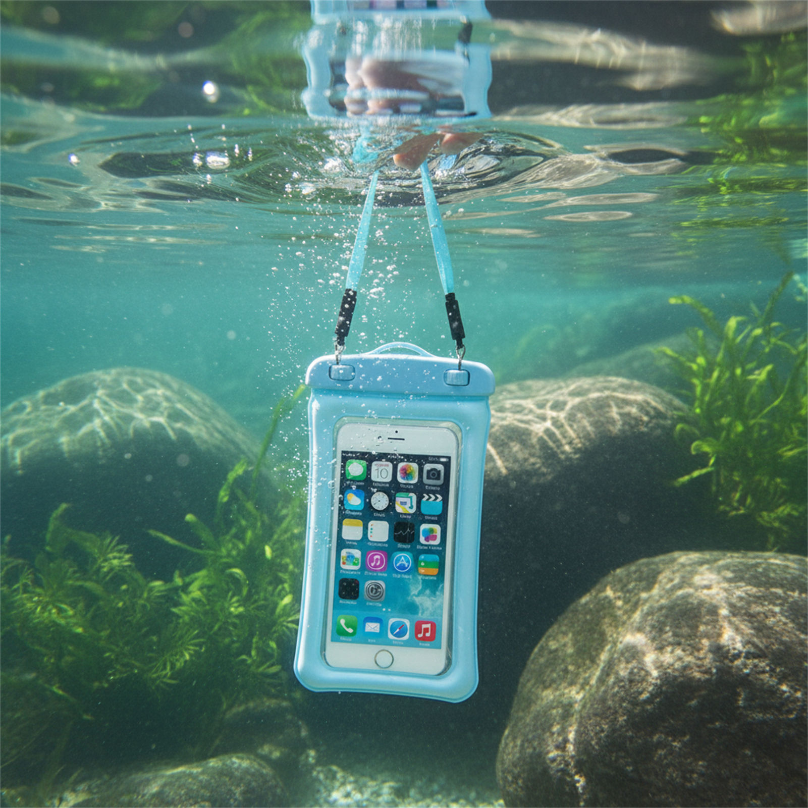 Women Bags Waterproof - Blauwzwarte waterdichte telefoontas, transparante PVC telefoonhouder