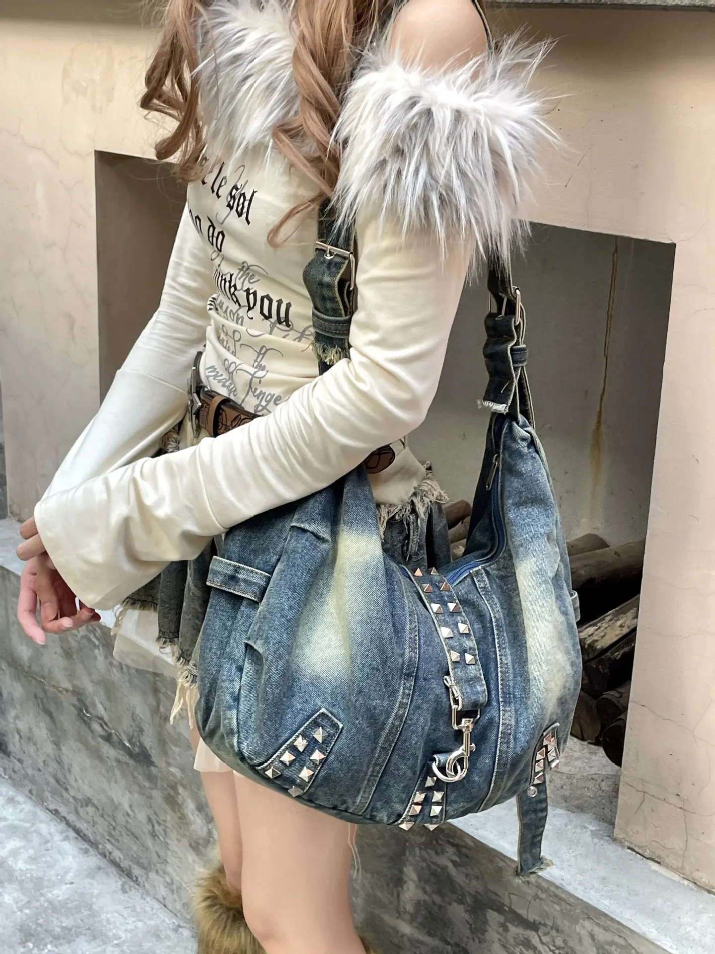 Gewassen denim schoudertas met - Women Bags Jeans recensie en prijs